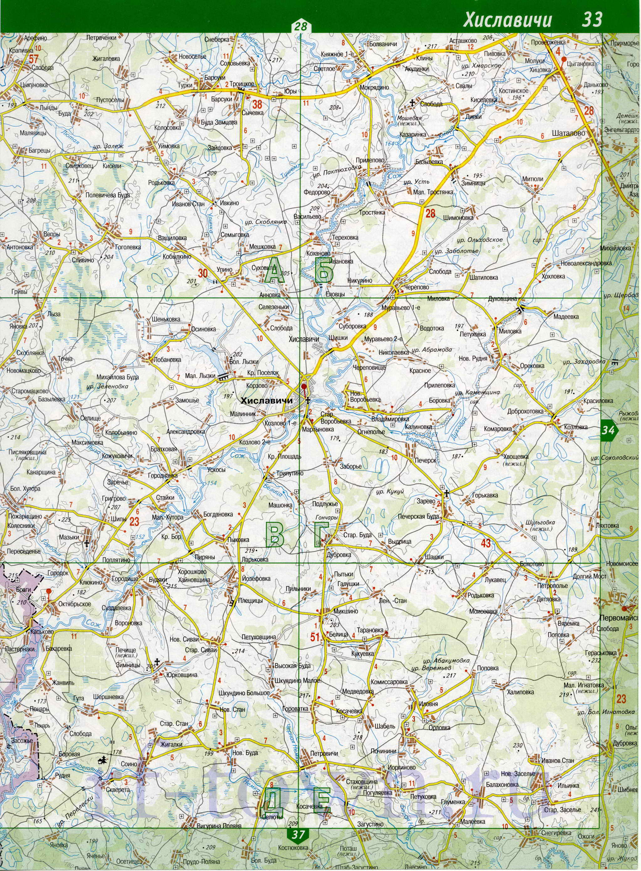 Карта Хиславичского района Смоленской области. Хиславичский район - подробная карта, B0 - 