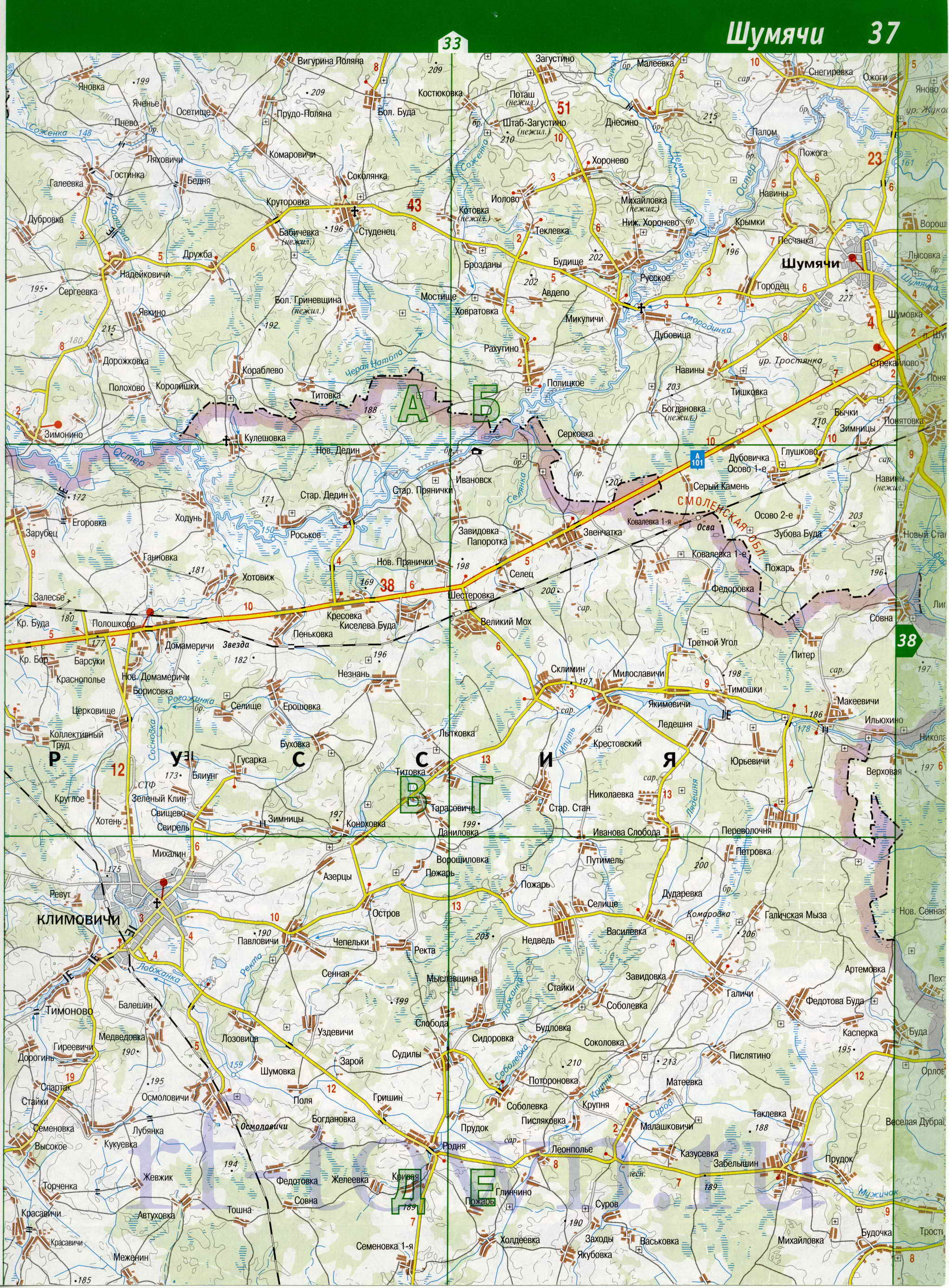 Карта Шумячского района Смоленской области. Шумячский район - подробная карта , B0 - 